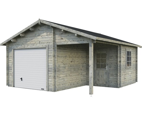 Garage i trä med tillbyggnad, garageport, dörr och fönster