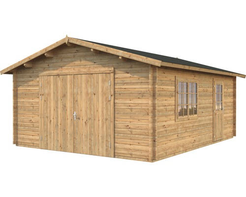 Garage i trä med dubbeldörr och fönster