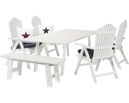 Vit trädgårdsmöbelset med bord, bänk och fyra Adirondack-stolar