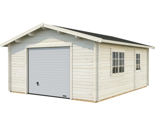 Garage i trä med sektionsport, fönster och dörr
