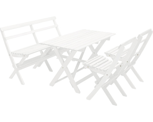 Trädgårdsmöbelset i trä med bord, bänk och två stolar