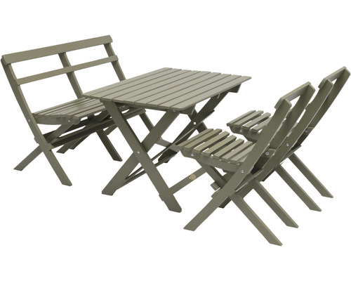 Trädgårdsbordgrupp i trä med bord, bänk och två stolar