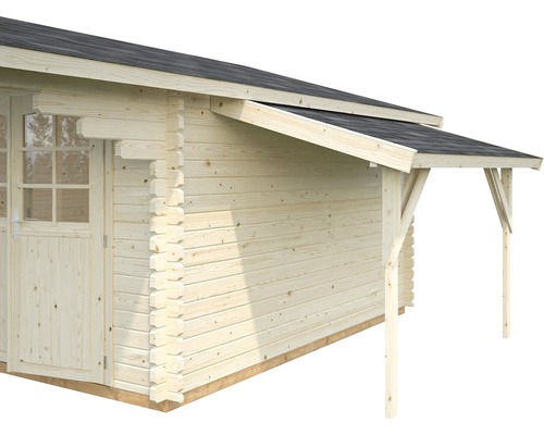 Detaljvy av ett trädgårdshus med trävägg och täckt ingång