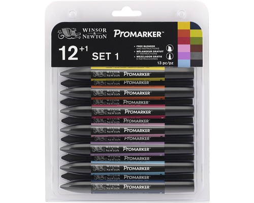 Winsor och Newton Promarker Set 1 med 12 markörer plus en extra markör i en förpackning.