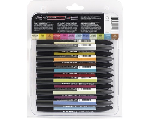 Winsor Newton Promarker set med tolv pennor i en transparent plastförpackning