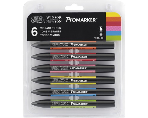 Förpackning med sex markörer av märket Winsor & Newton Promarker