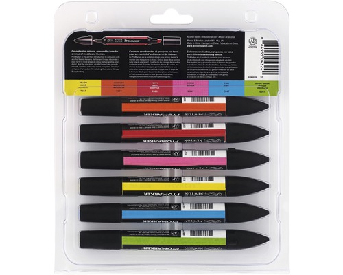 Winsor och Newton Promarker set med sex pennor i olika färger i förpackning
