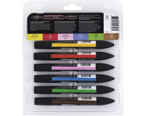 Set med sex Winsor and Newton Promarker-pennor i olika färger i en transparent förpackning.