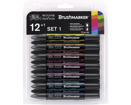 Winsor och Newton Brushmarker Set 1 med tretton pennor i en transparent förpackning.