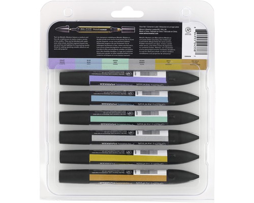 Förpackning med sex metalliska markörer med fin och medium spets