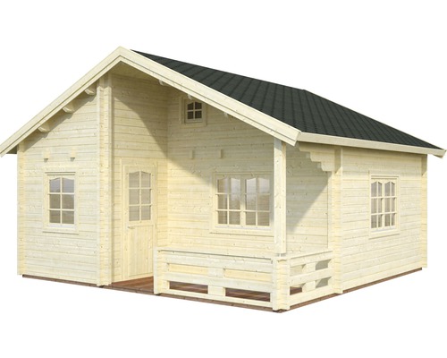 Timmerstuga med tak, dörr och fönster