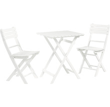 Fällbar trädgårdsmöbel av trä med ett bord och två stolar