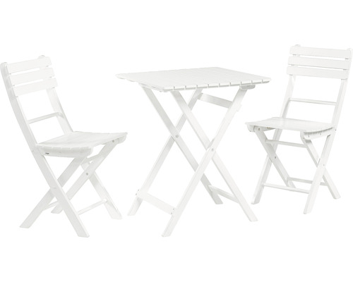 Fällbar trädgårdsmöbel av trä med ett bord och två stolar