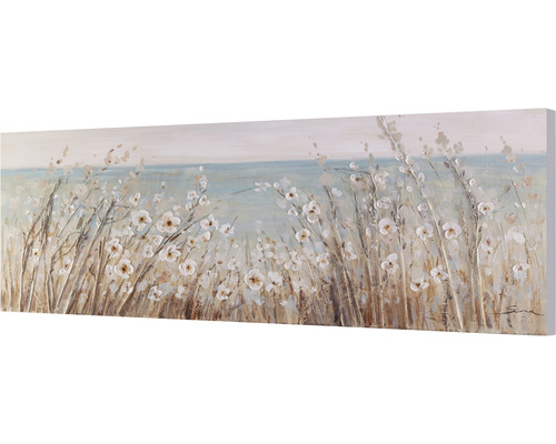 Målning med blommor och gräs på duk