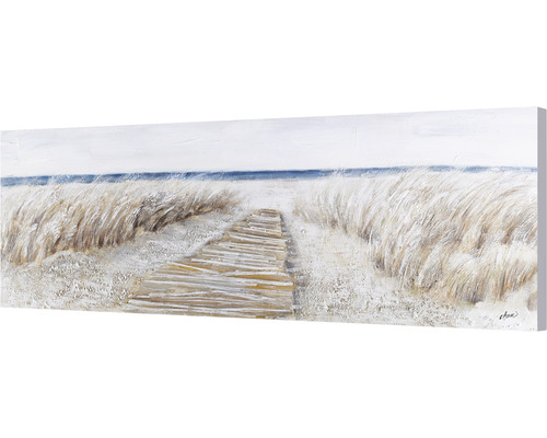 Målning med strandmotiv och träbrygga