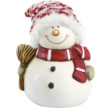 Dekorativ snögubbe med kvast, mössa och halsduk som vinterdekoration