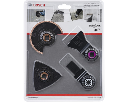 Bosch Starlock tillbehörssats med olika sågblad och slipplattor i förpackning