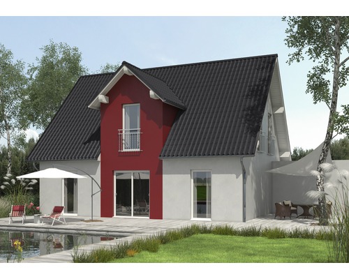 Ett modernt enfamiljshus med mörkt tak, terrass och trädgård.