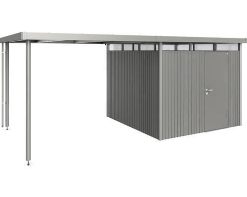 Metallförråd med carport och dörr