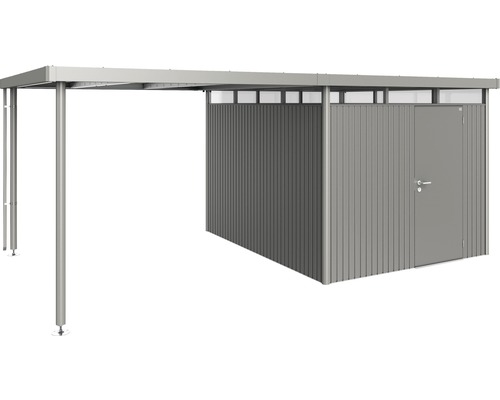 Carport av metall med redskapsbod