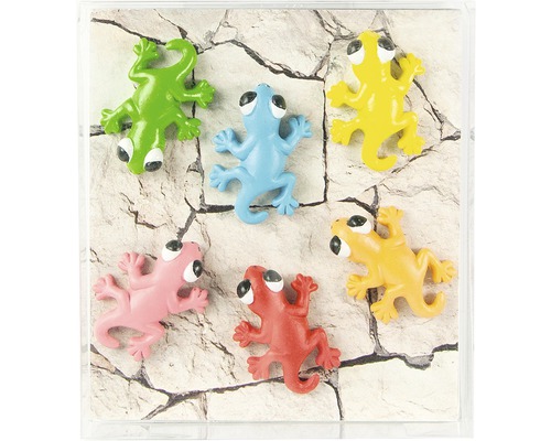 Sex färgglada gecko-figurer på en strukturerad bakgrund