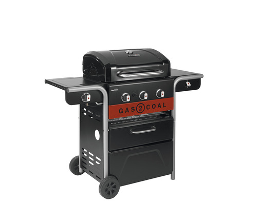 Gasolgrill med kolfunktion, hyllor och hjul