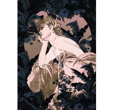 Illustration av en kvinna omgiven av blommiga element