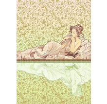 Illustration av en kvinna som ligger i sängen med en blommig bakgrund