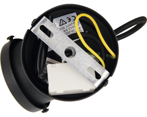 Invändig vy av en svart taklampa med monteringsplatta och kablar