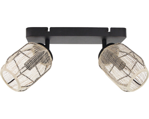 Taklampa med två spotlights och flätade lampskärmar