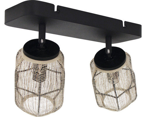 Taklampa med två lampor och lampskärmar i flätverk