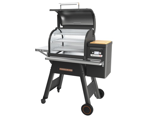 Öppen pelletgrill med grillgaller och sidohylla