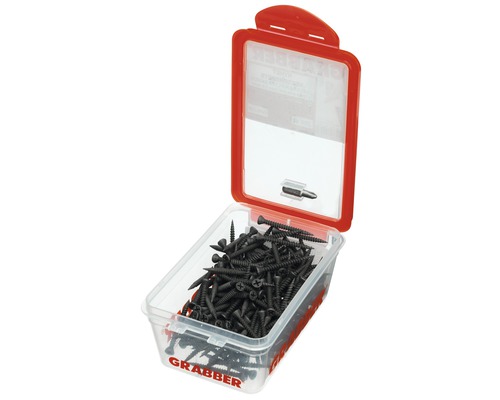 Skruvar i transparent förvaringslåda med rött lock