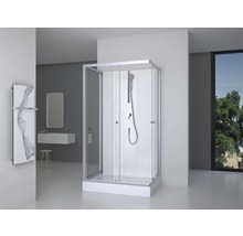 Duschkabin med glasdörrar och duschmunstycke i badrummet