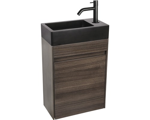 Tvättställsskåp med svart tvättställsskål och blandare