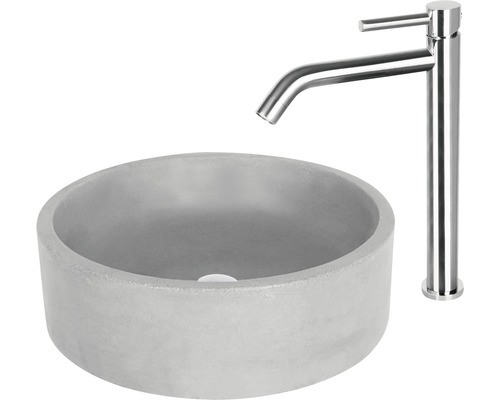 Rund tvättställsskål i betong med blandare