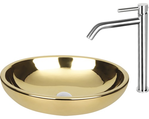 Tvättställ för bänkmontage i guldfärgad design med blandare