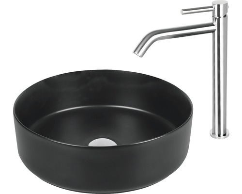 Svart tvättställ för bänkskiva med blandare