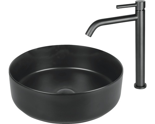 Runt tvättställ i keramik med blandare för bänkmontage