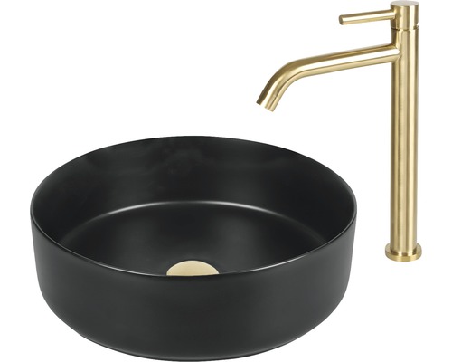 Svart tvättställsskål med guldfärgad armatur