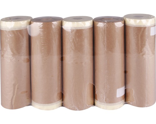 Förpackning med fem rullar maskeringstejp i transparent förpackning.