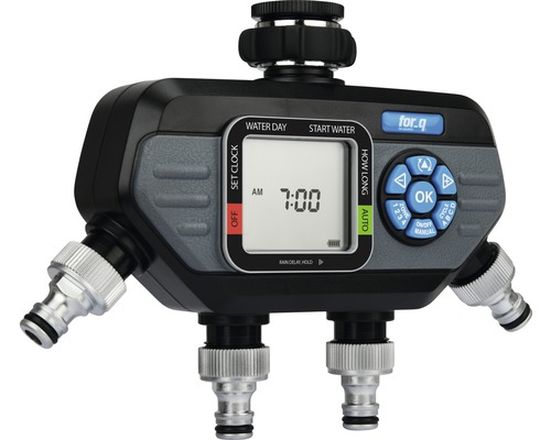 for.q vattentimer med flera anslutningar och digital display.
