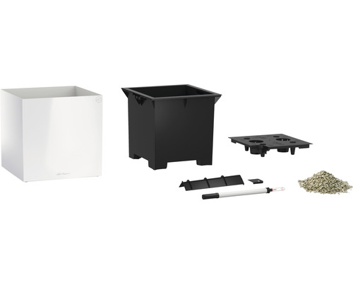 Komplett planteringsset med planteringskärl, innerkruka, bevattningssystem, vattennivåindikator och planteringssubstrat