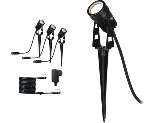 Spotlight PAULMANN Plug & Shine LED startset med jordspett 3x3W 150lm 3000K varmvit HxØ 260x42mm IP65 svart med transformator + kabel 5m 24V