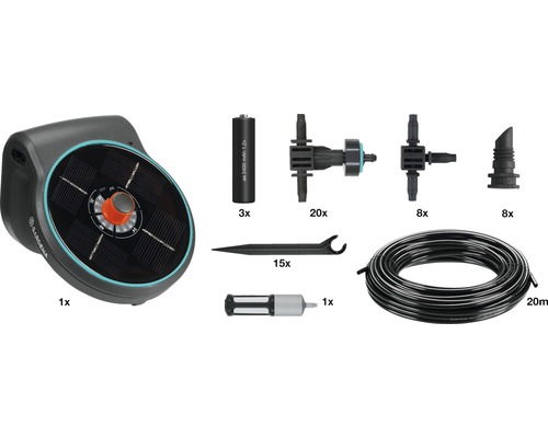 Gardena semesterbevattningsset med vattenautomat, batterier, droppare, anslutningar och slang