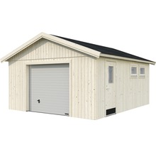 Garage i trä med sektionsport och dörr