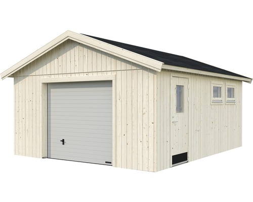 Garage PALMAKO Andre 24,6m² (inv. 21,5m²) med takskjutport 448x548cm natur Garage i trä med sektionsport och dörr