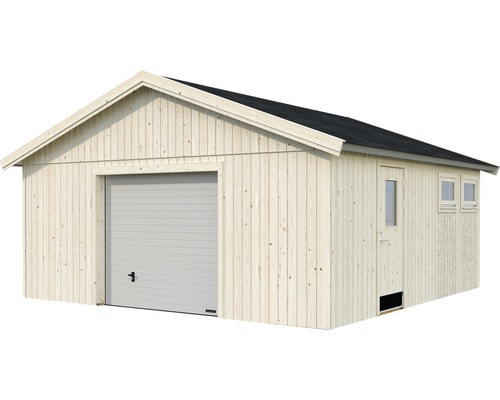 Garage av trä med garageport och sidodörr