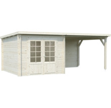 Trädgårdshus i trä med dubbeldörr och tillbyggnad