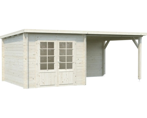 Trädgårdshus i trä med dubbeldörr och tillbyggnad